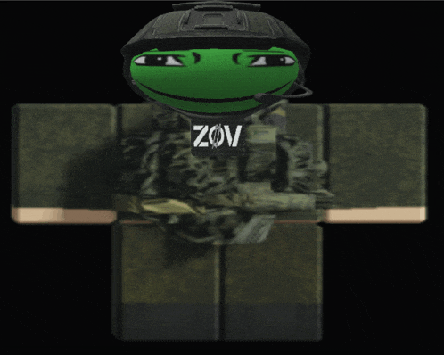 a green frog is wearing a helmet and a shirt that says zov