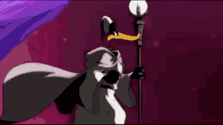 a raccoon is holding a cane in a pixelated cartoon .