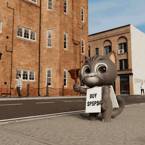 a cartoon cat holding a sign that says buy spsps