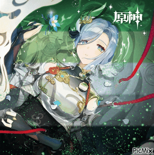 a girl with blue hair is surrounded by green leaves and red ribbons