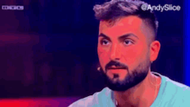 a man with a beard is sitting in front of a microphone on a television show .