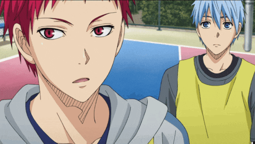 a boy with red hair and a boy with blue hair are standing next to each other