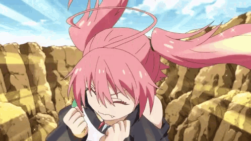 a girl with pink hair is standing in front of a mountain
