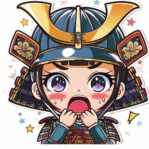 a cartoon drawing of a girl in a samurai helmet