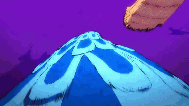 a drawing of a blue and white mountain with a purple sky in the background