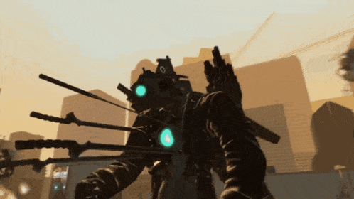 a video game character with a sniper rifle and a blue light on his head