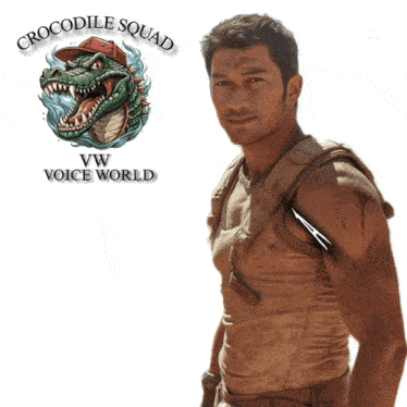 a man is standing in front of a poster that says crocodile squad vw voice world