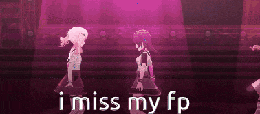 two anime girls are dancing on a stage with the words i miss my fp written below them