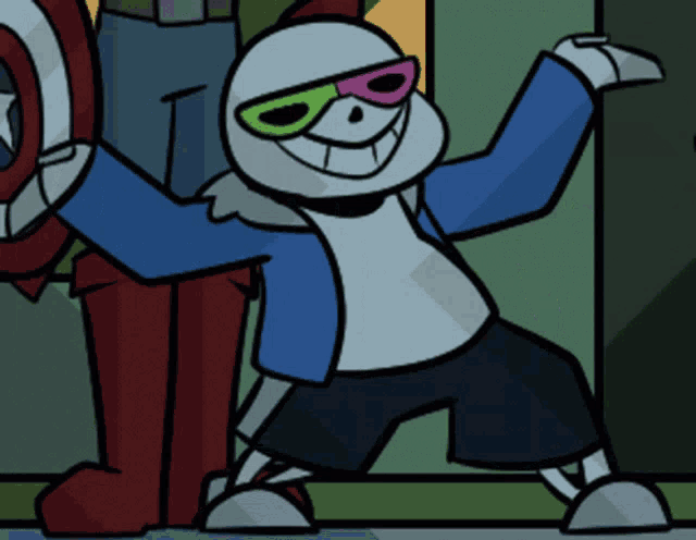 a cartoon drawing of a skeleton wearing sunglasses and smiling