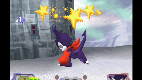 a video game screen shows a purple monster with a red scarf around his neck