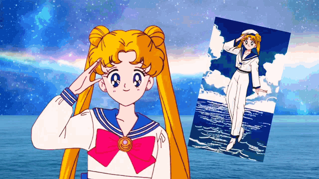 a girl in a sailor uniform salutes next to a picture of her