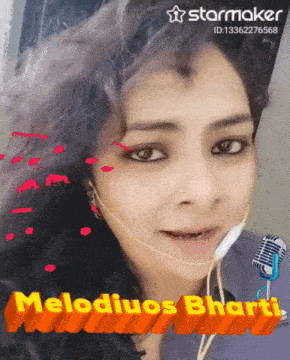 a woman singing into a microphone with the words melodiuos bharati behind her