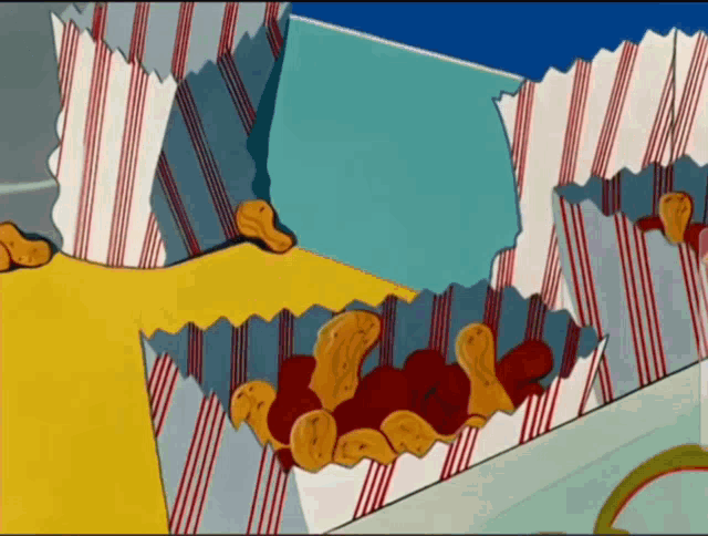 a cartoon drawing of popcorn boxes with a striped pattern