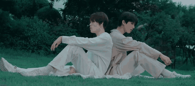 two men sit back to back in the grass