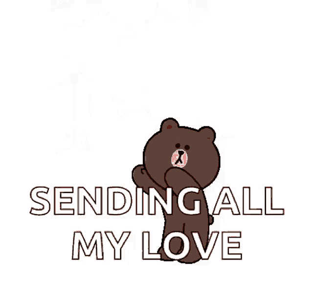 a brown bear is sitting in a pile of red hearts and says sending all my love .