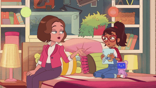 a cartoon of a woman sitting on a bed next to a girl holding a video game controller