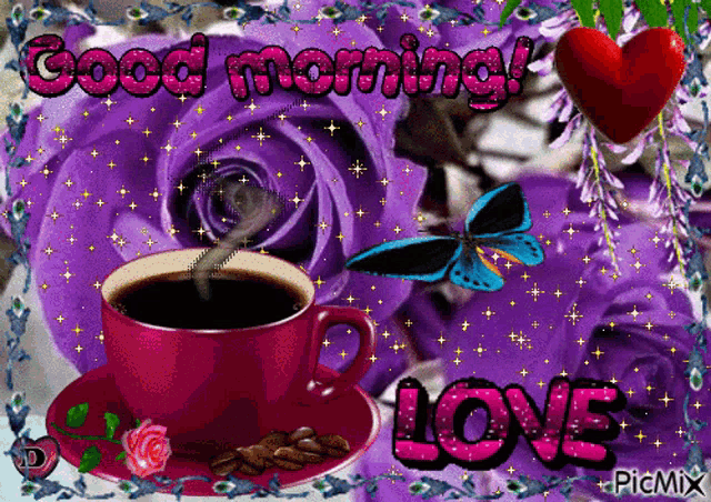 a cup of coffee with purple roses and butterflies and the words good morning love