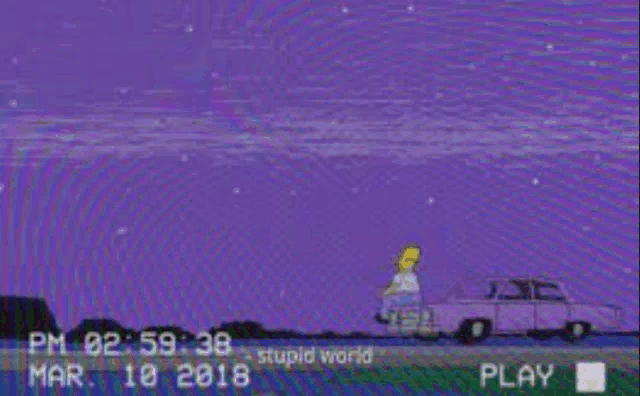 homer simpson is driving a pink van down a purple road .