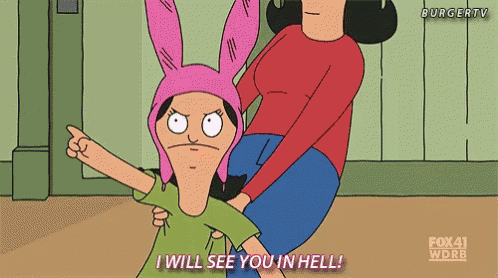 a cartoon of a woman holding a child with the words i will see you in hell