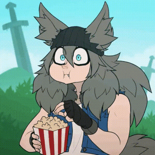 a cartoon drawing of a wolf eating popcorn with swords in the background
