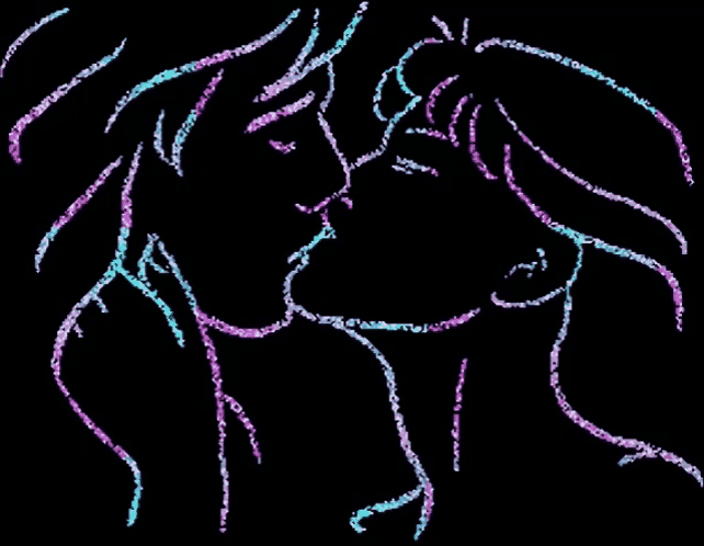 a drawing of a man and woman kissing with a black background