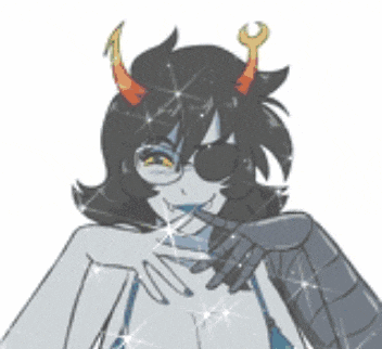 a drawing of a girl with horns and glasses on a white background