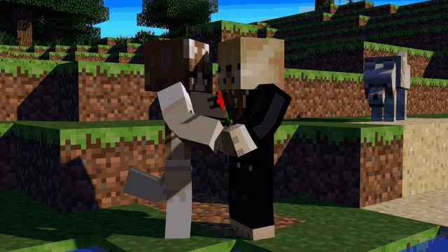a couple of minecraft characters hugging each other with a rose in their mouth