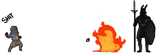 a drawing of a knight with a spear and a fireball with the word shit on the bottom