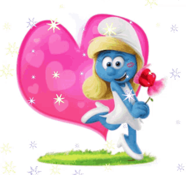 a smurf holding a flower in front of a heart