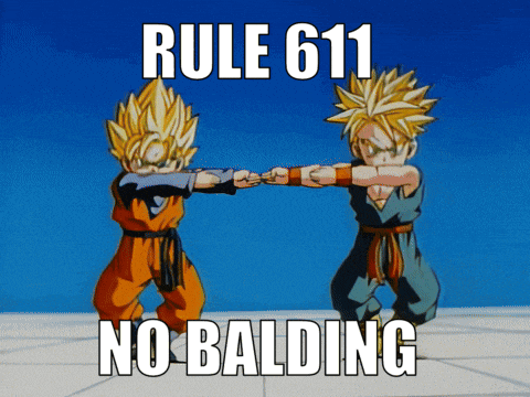 a picture of two cartoon characters with the words rule 611 no balding above them