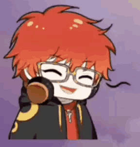a cartoon character with red hair and glasses is smiling while wearing headphones .