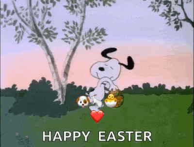 snoopy is holding a basket of eggs and a heart in his paws .
