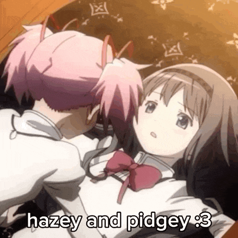 a couple of anime girls are hugging each other with the words hazey and pidgey written on the bottom