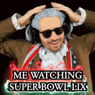 a man in a wig and sunglasses says he is watching the super bowl lix