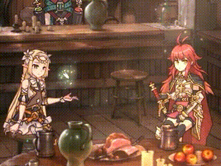 two anime characters are sitting at a table with food and candles .