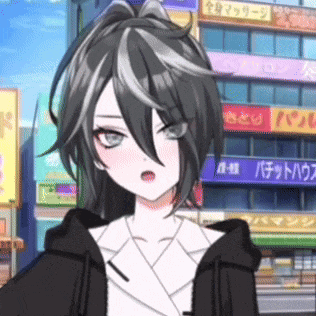 a girl with black hair is standing in front of a building with a sign that says ' a - a '