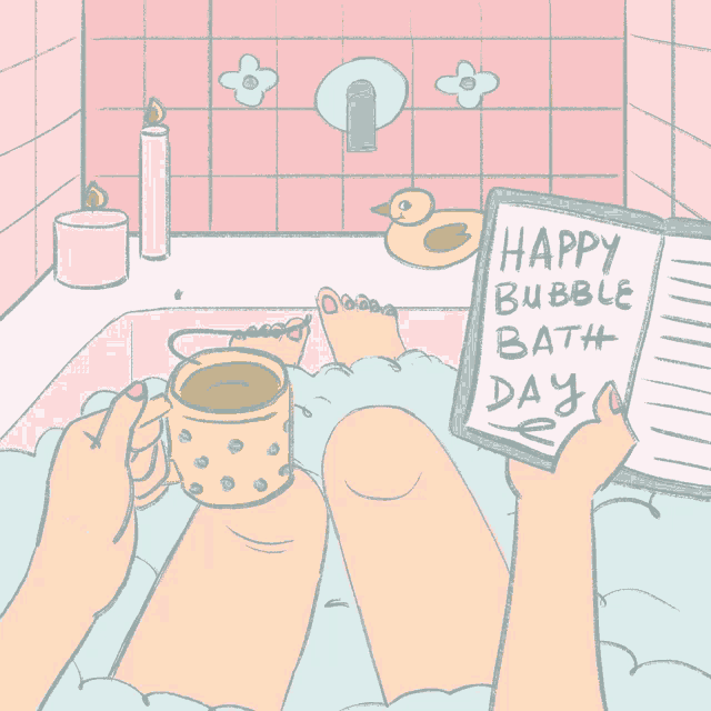 a cartoon drawing of a person in a bathtub reading a book and holding a cup of tea