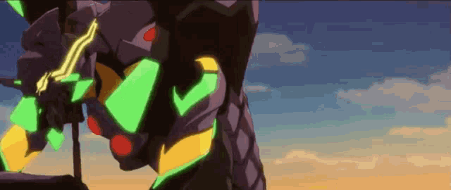 a purple robot with green lights on its arms and legs