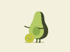 a cartoon avocado standing next to a yellow ball