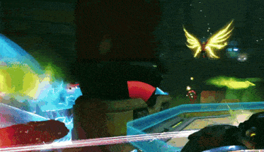 a video game scene with a yellow angel with wings
