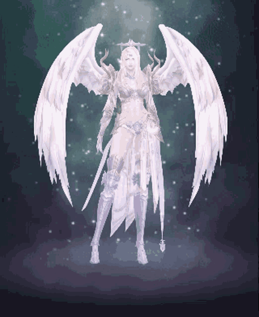 a woman with white wings and a sword