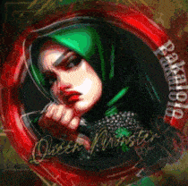 a woman wearing a green hijab with the words queen monster written on it