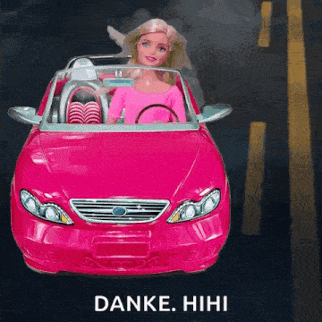 a barbie doll is driving a pink car with the words danke hini below it