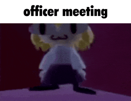 a cartoon character is standing on a purple surface with the words `` officer meeting '' written above him .