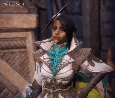 a woman with a sword on her head is standing in front of a sign that says illusive soul