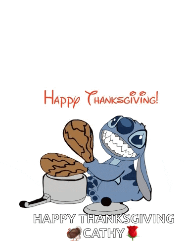 a happy thanksgiving card with stitch holding a piece of chicken