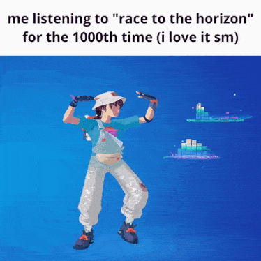 a cartoon of a person dancing with the words " me listening to " race to the horizon " for the 1000th time
