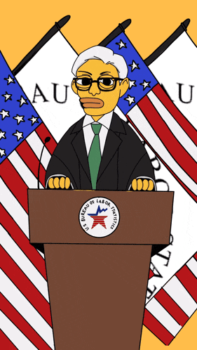 a cartoon of a man giving a speech at a podium that says us bureau of labor statistics