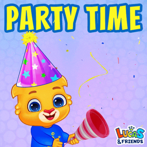 an advertisement for lucas & friends shows a bear wearing a party hat and holding a party popper