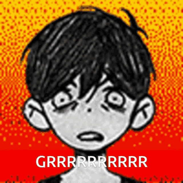 a black and white drawing of a boy with the words grrrr on the bottom right